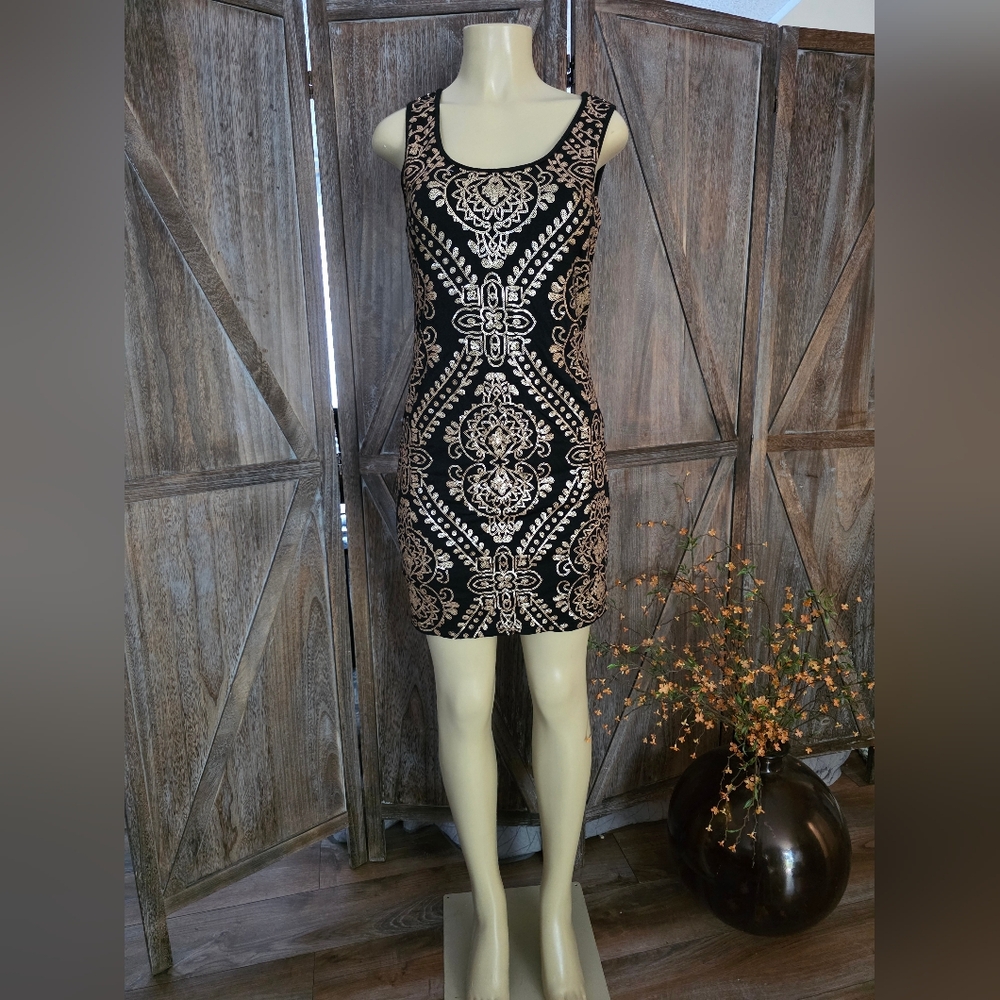 Chic Black and Gold Patterned Mini Dress